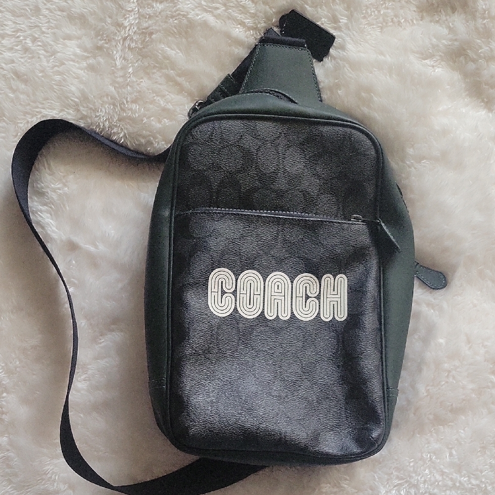 Coach Signature Black and Green Sling back Bag for Women Or Men